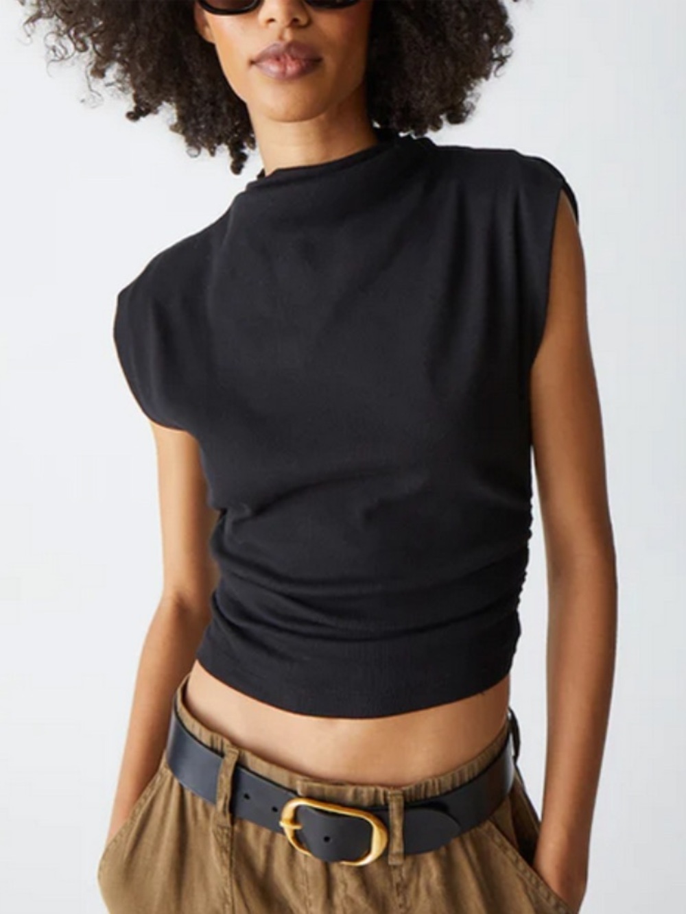 Michael Stars Textured Amara Mock Neck Power Shoulder Top Medium
